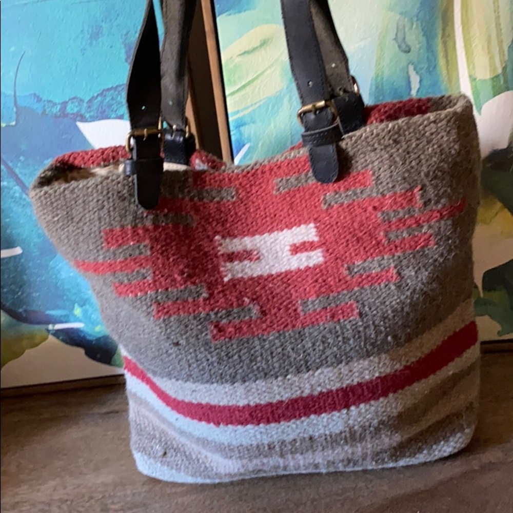 Raj brand woven tapestry and leather tote bag